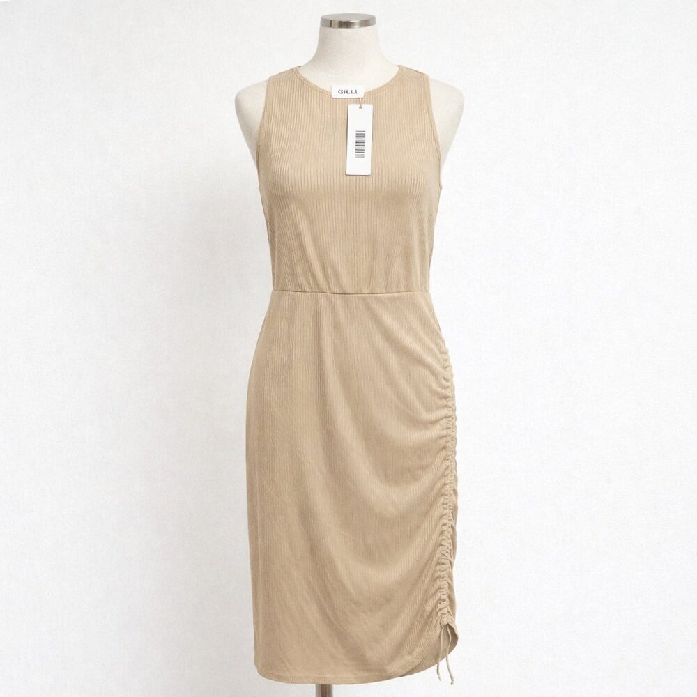 Gilli Beige Ribbed Midi Dress Ruched Side Sleeveless Bodycon Size L NWT